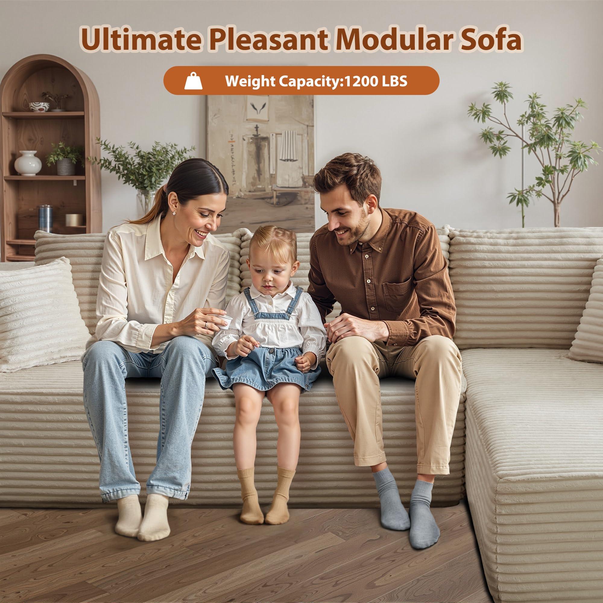 OOBOLT 104" Cloud Couch Deep Seat, L Shape Couches for Living Room, No Assembly Required, Sectional Sofas with Right Chaise, Beige Plush Velvet