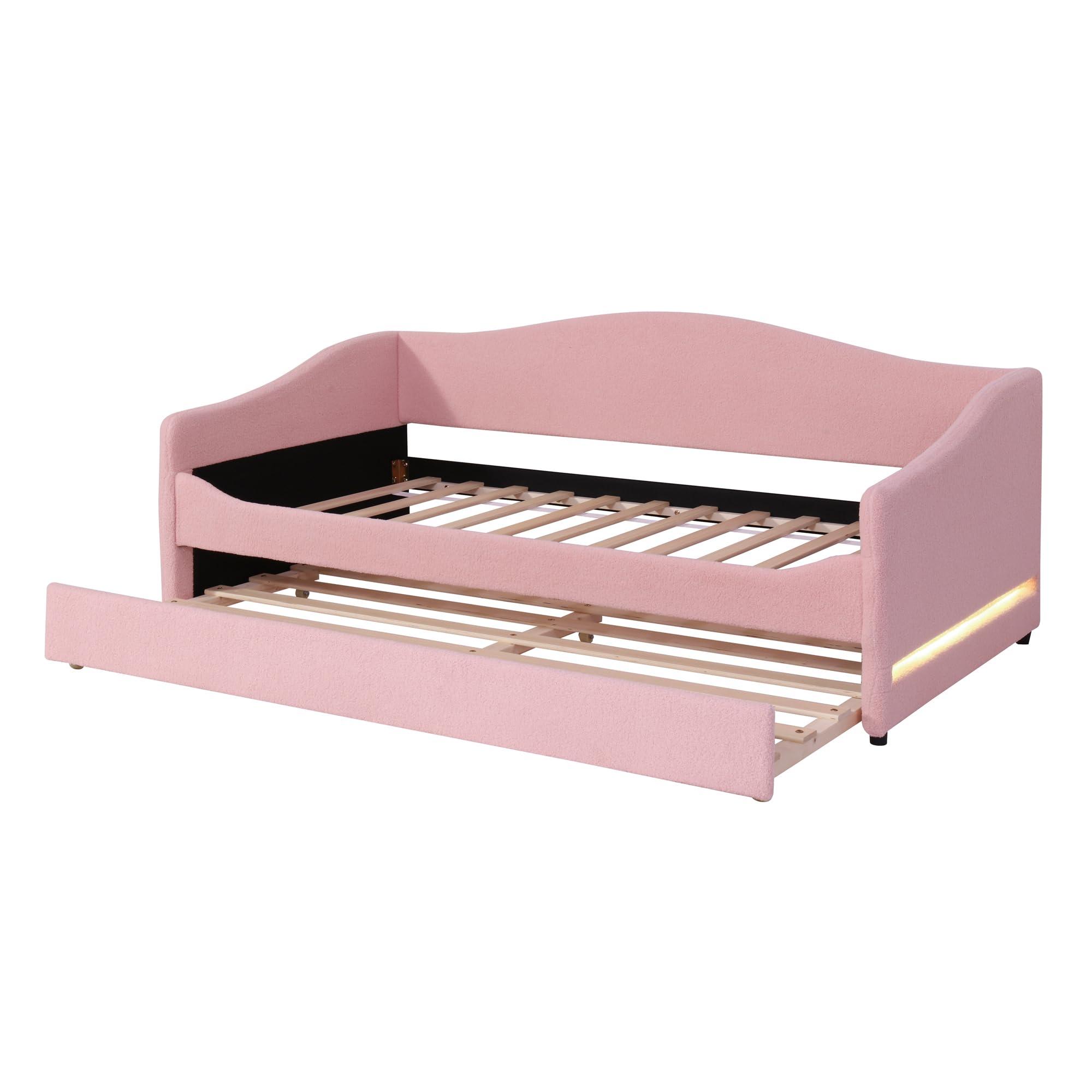 MERITLINE MERITLINE Twin Size Upholstered Daybed with Trundle and LED Light, Teddy Fleece Sofa Bed Frame, Wood Twin Trundle Bed for Bedroom Living Room, Pink