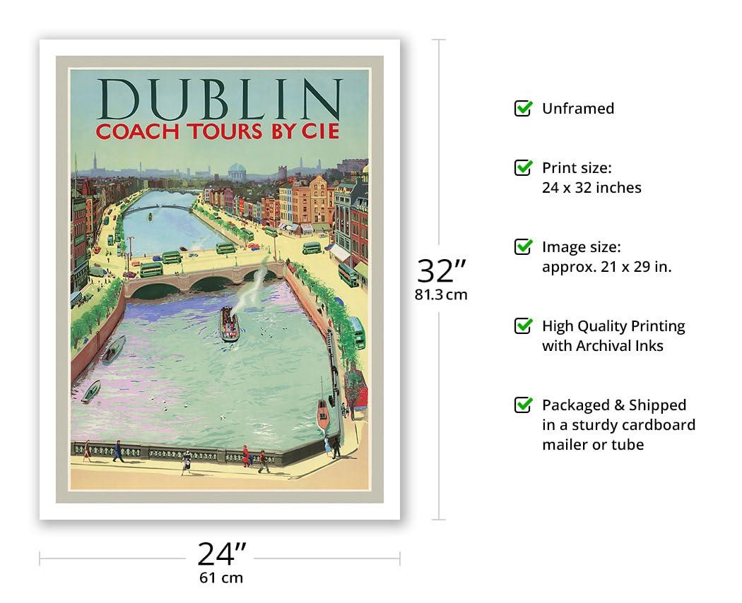 Pacifica Island Art Dublin Ireland - Coach Tours by CI (Cras Iompair ireann) - O'Connell Bridge over the River Liffey - Vintage Travel Poster c.1950s - Bamboo Fine Art 290gsm Paper Print (Unframed) 24x32in