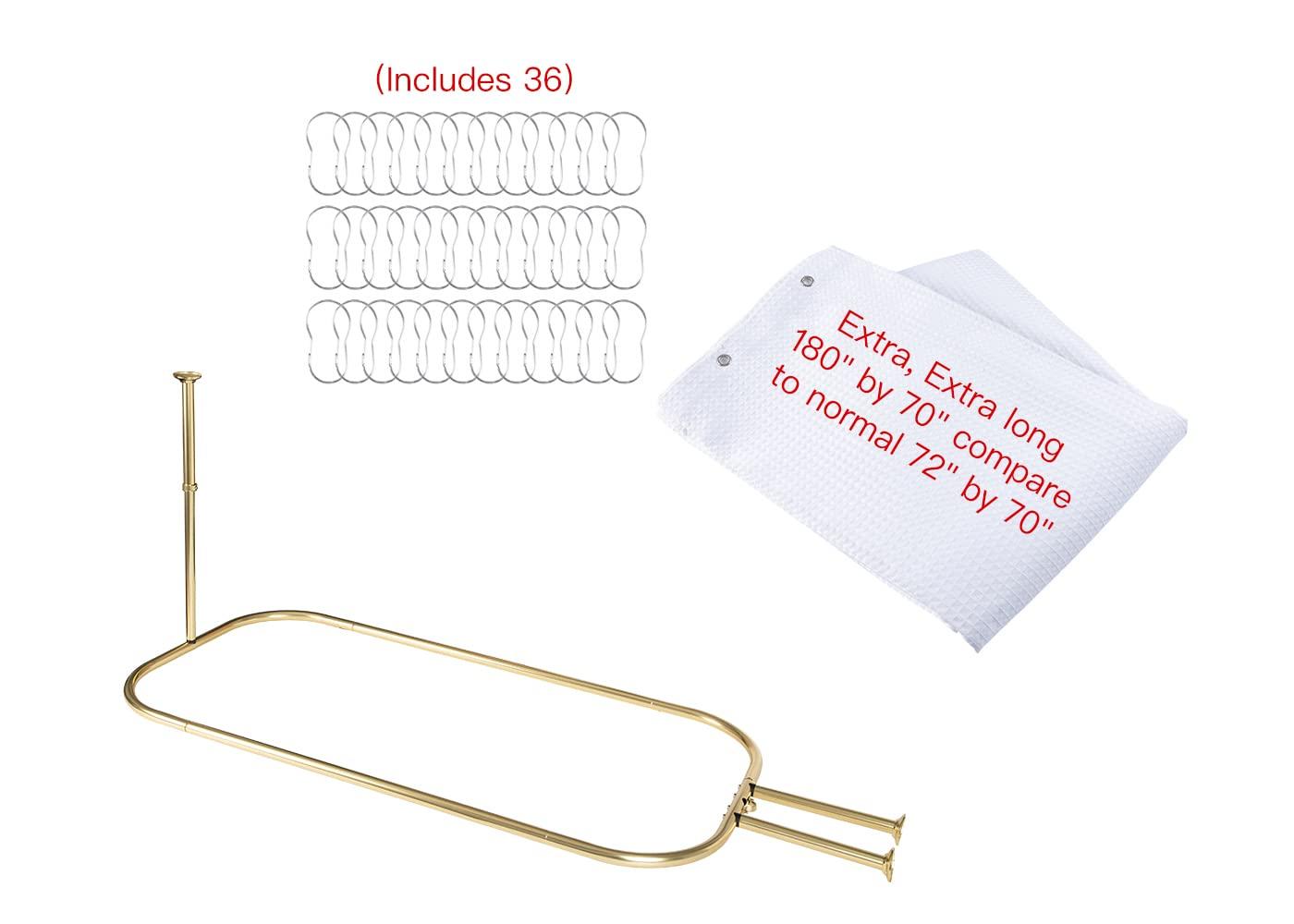 Utopia Alley Utopia Alley Rustproof Aluminum Hoop Shower Rod With Ceiling Support for Clawfoot Tub, 45.7 Inch Size by 22 Inch, Gold + White Shower Curtain 180x70inch