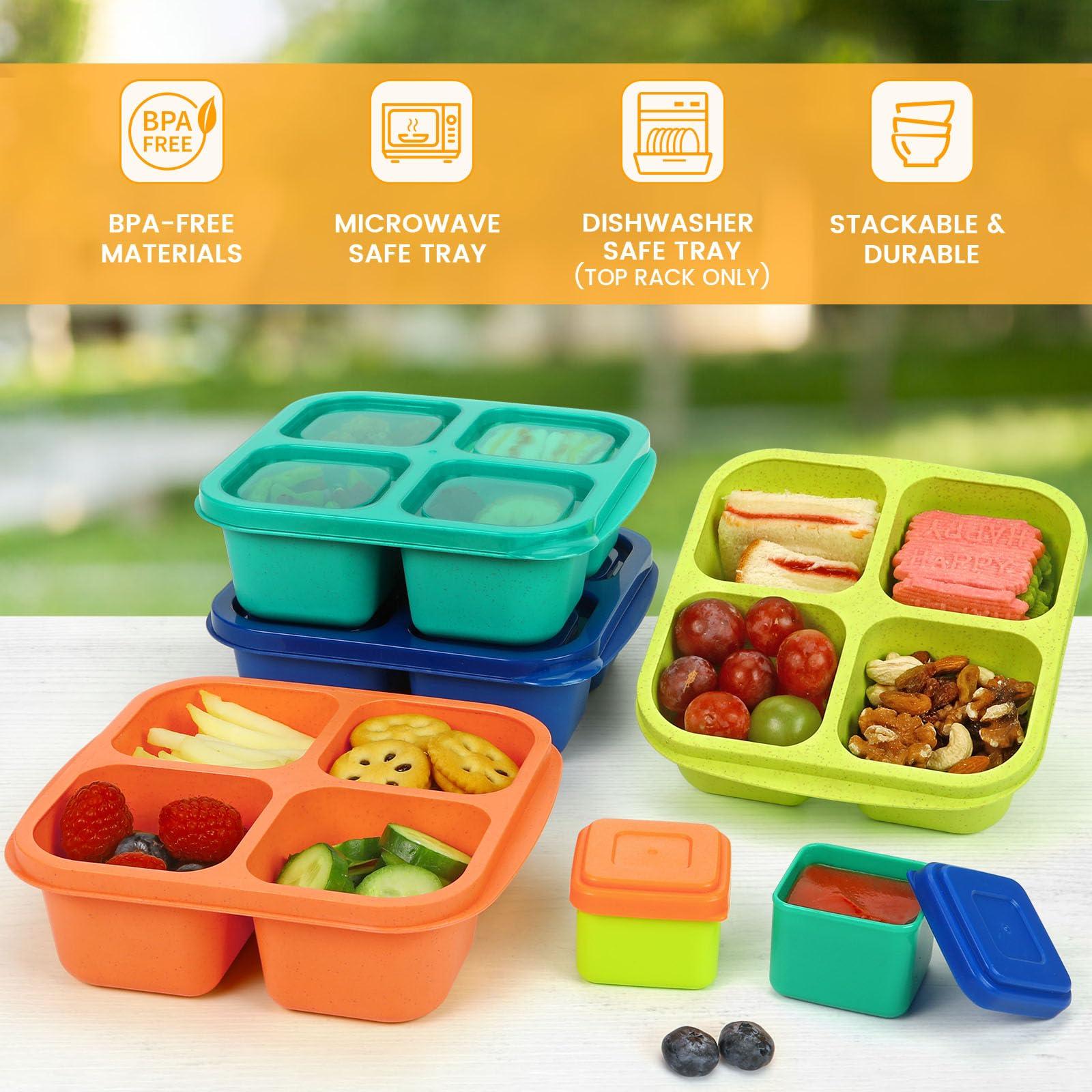 Caperci Caperci Lunchable Snack Containers - 4 Compartments Bento Snack Boxes (4 Pack) with 2 Leakproof Sauce Containers, Reusable Divided Food Containers for School, Work, Travel (Jewel Brights)