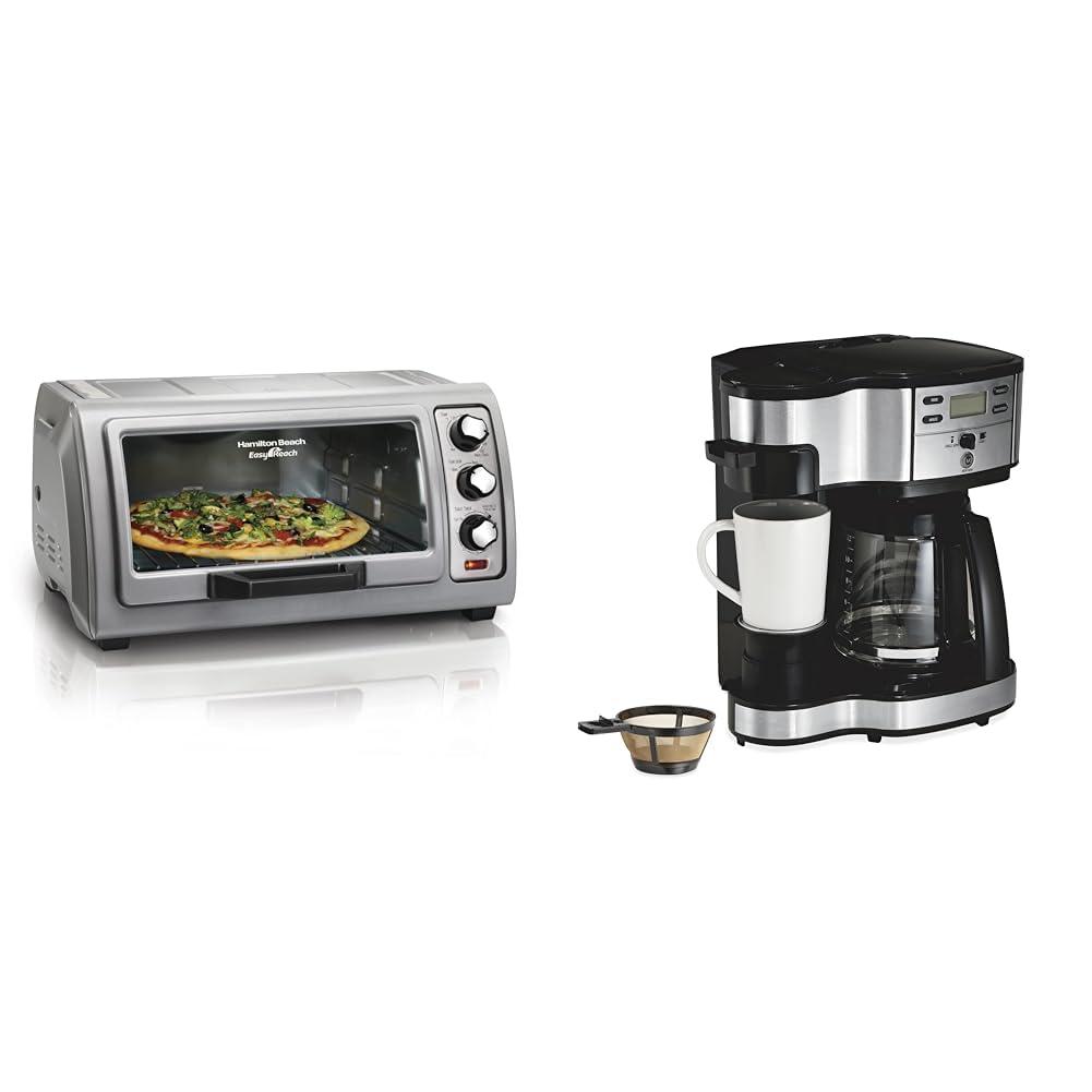 Hamilton Beach Hamilton Beach 6 Slice Countertop Toaster Oven With Easy Reach Roll-Top Door & 2-Way 12 Cup Programmable Drip Coffee Maker & Single Serve Machine, Glass Carafe, Auto Pause and Pour, Black (49980R)
