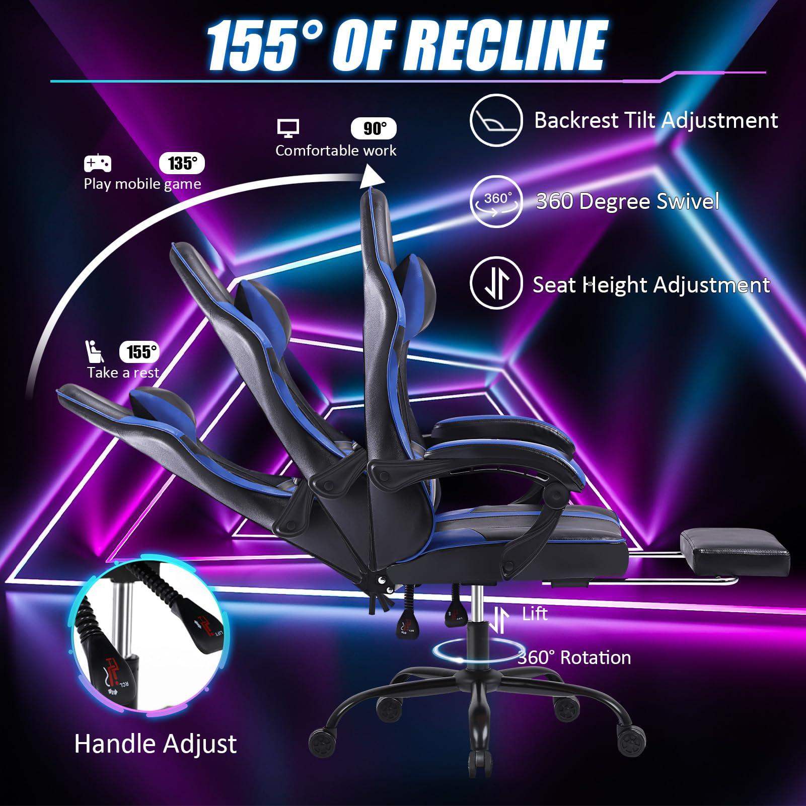 HOTOSYCH HOTOSYCH Gaming Chair, Ergonomic Video Game Chair for Adults, Comfortable Computer Chair with Footrest and Lumbar Support, Height Adjustable Gamer Chair for Office 350LBS, Blue