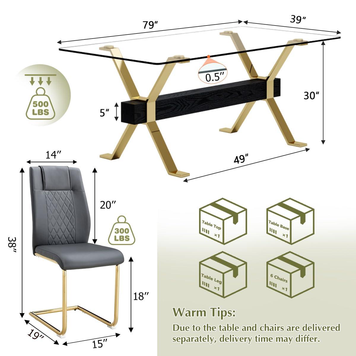 gopop 7 Piece Glass Dining Table Set, Kitchen Table Chairs Set for 6, 79'' Dining Table with 0.5" Tempered Glass Tabletop with Plated Metal Legs and MDF Crossbar, 6 PU Chairs for Dining Room, Kitchen.