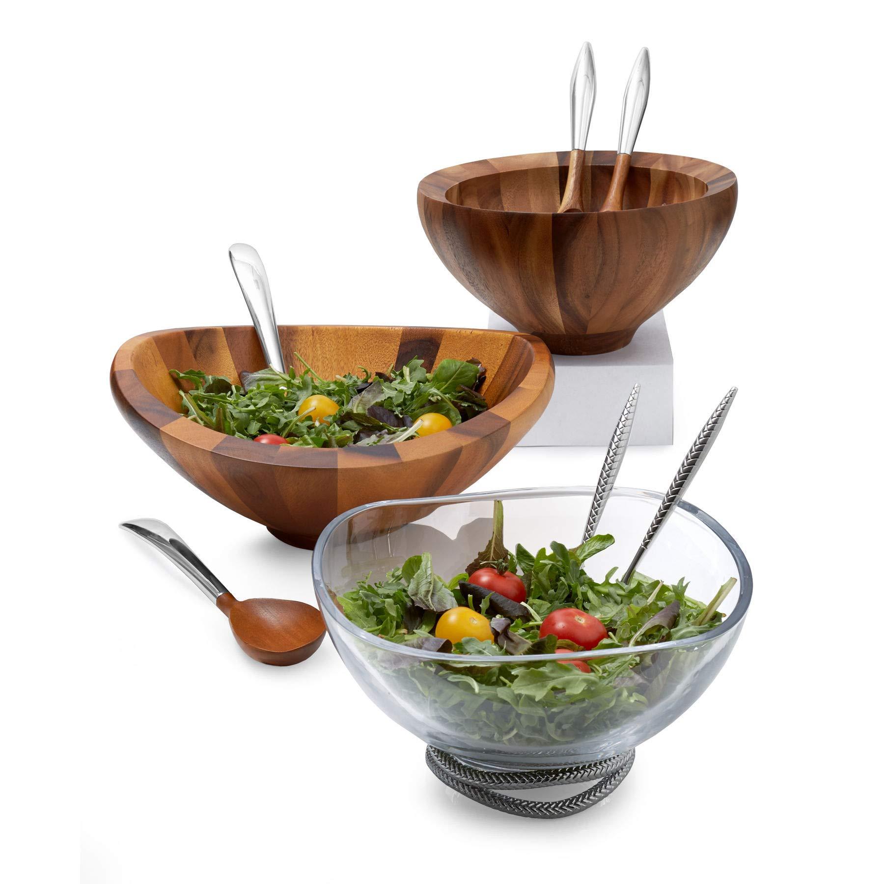 nambe nambe Braid Glass Salad Bowl with Servers | Large 12-Inch Mixing and Serving Dish | Thick Glass Bowl for Salads, Fruit, and More | Stainless Steel Serving Spoons | Dishwasher Safe