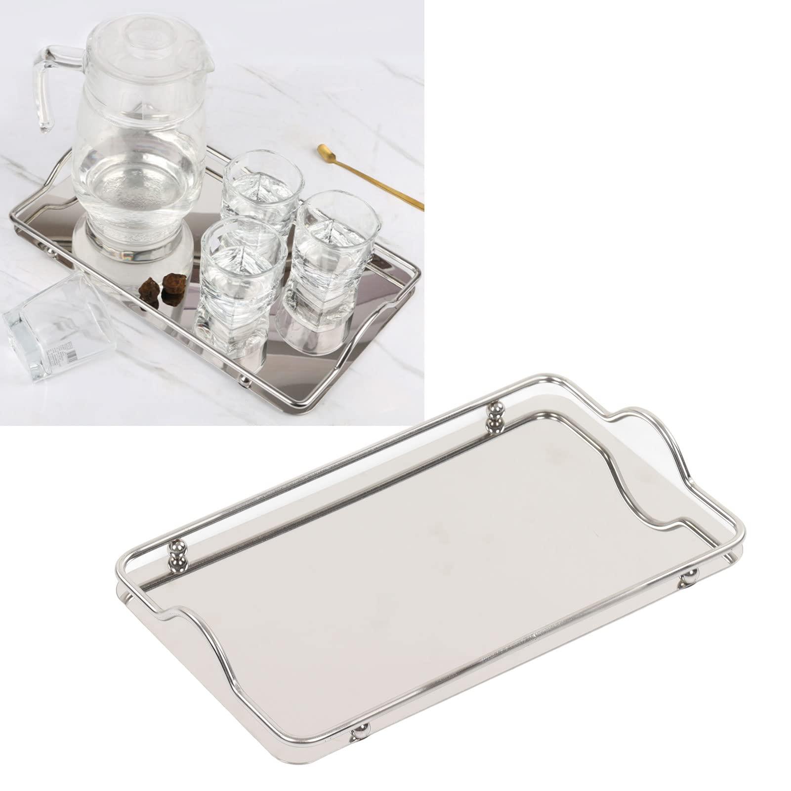 Sempoda Large Rectangular Tray with Handle, Exquisite Stainless Steel Tray, Simple Silver Storage Tray for Home Living Room Business, Convenient Multifunctional Holiday Food Tray