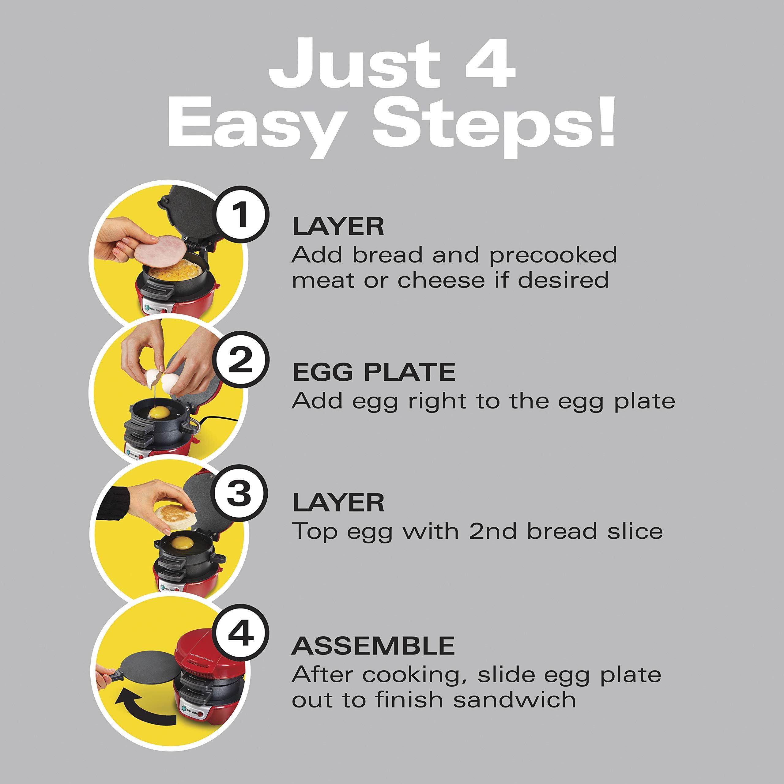 Hamilton Beach Hamilton Beach Breakfast Sandwich Maker with Egg Cooker Ring, Customize Ingredients, Perfect for English Muffins, Croissants, Mini Waffles, Perfect White Elephant Gifts, Red (25476)