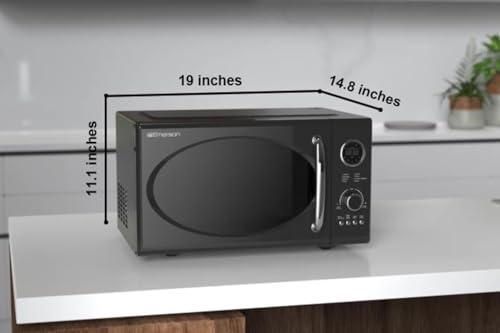 Emerson Emerson MWRG0901BK Retro Compact Countertop 800W Microwave Oven with 1,000W Grill Function, LED Display, 5 Power Levels, 8 Auto Menus, Glass Turntable and Child Safe Lock, 0.9 Cu. Ft., Black