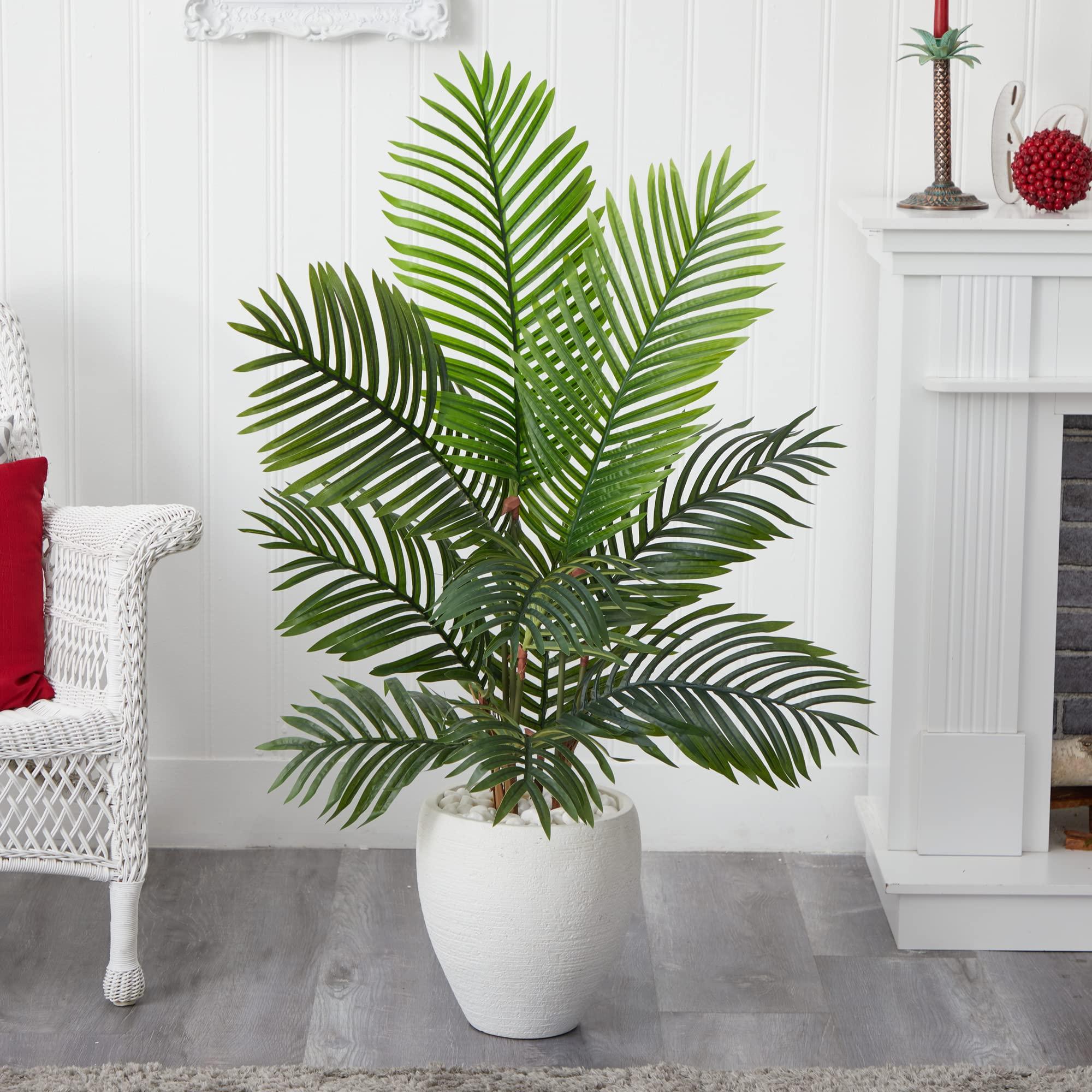 Nearly Natural Nearly Natural 4.5ft. Paradise Palm Tree in White Planter Artificial Plant, 36" D x36 W x4.5 Ft, Green
