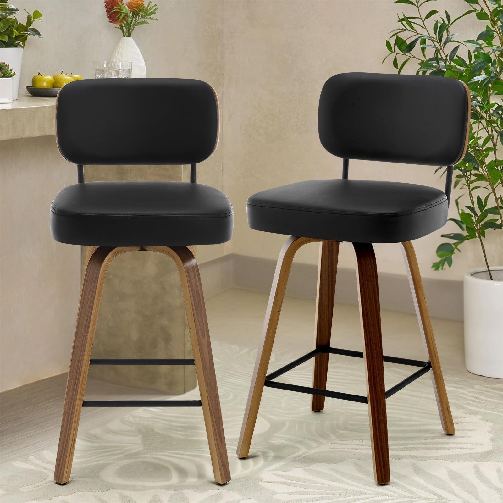 Bekrvio Bekrvio Swivel Counter Height Bar Stools Set of 3, 26\" Upholstered Faux Leather Barstools with Back and Bent Wood Legs, Mid Century Modern Bar Chair Island Stool for Kitchen Counter, Black