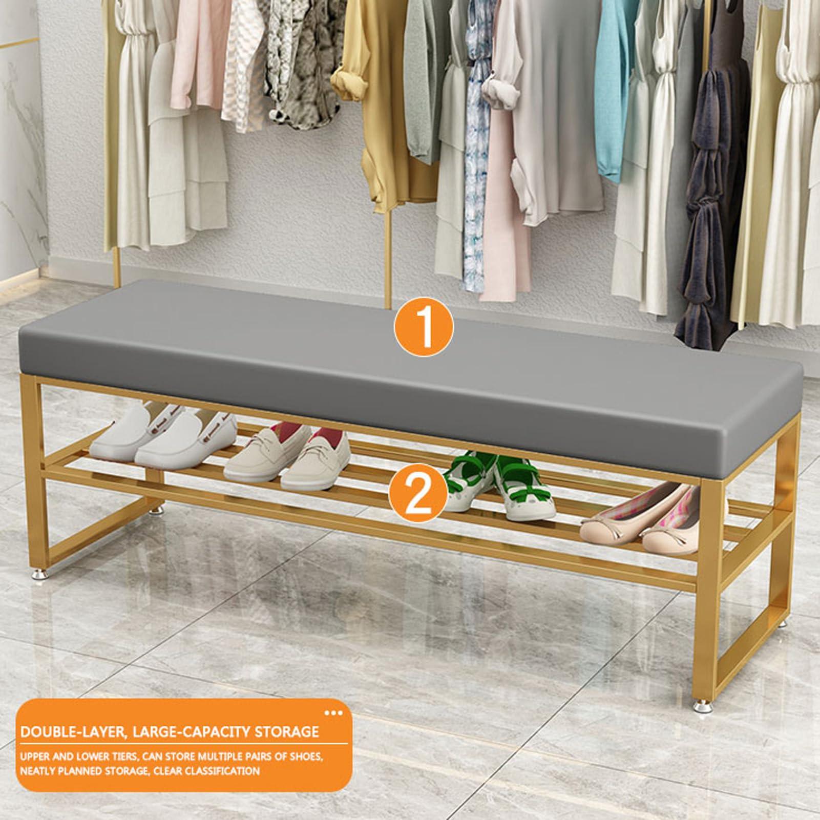 HomeLoft Basics Shoe Storage Bench Entryway Bench Faux Leather Shoe Bench 2 Tier Upholstered Bench with Storage Shelf Long Bench Metal Frame