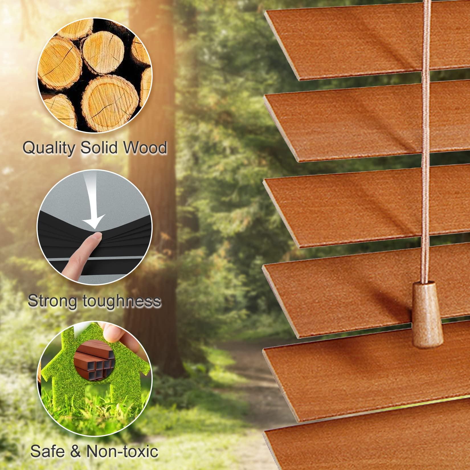 Fiunkes Blackout Venetian Shutter Wood Window Blinds, Wooden Venetian Blinds, 2'' Slats Heat Insulation Window Decoration, Filtered Light Horizontal Blinds, Privacy Wood Blinds,Brown,30.5'' W x 60'' H