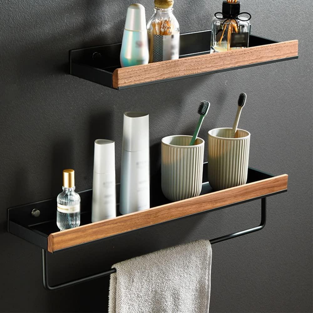 ANNBKA ANNBKA Shower Shelf Racks Solid Wood Shower Caddy Shelf Organizer Towel Bar, Bathroom Wall Mounted Cosmetic Storage Rack Shower Caddy (Size : Black 40cm)
