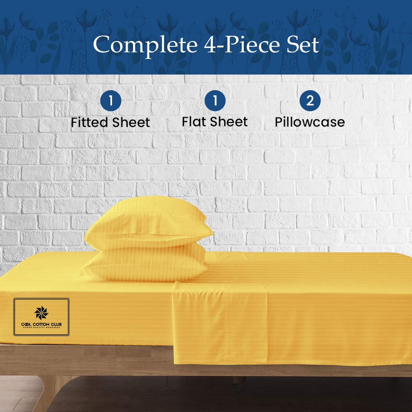 Cool Cotton Club Supima ELS Cotton Sheets, Queen Sheet Set Real 400 Thread Count Luxury 4 PC Bedding Set, Hotel Quality Sateen Weave, fits up to 7-9\" Elasticized Deep Pocket (Stripe, Gold)