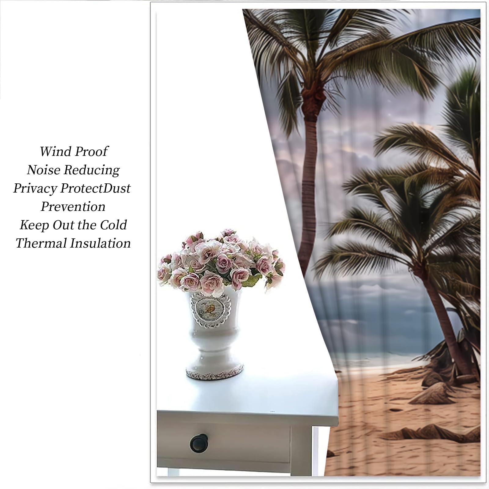 UHKGDS Grey Dark Cloud Sky Insulated Curtains, Tropical Beach Theme Grommet Window Drapes, Ocean Palm Tree Beach Seaview Blackout Curtain, For Boys Girls Bedroom Playroom Living Room Home Decor-W72xL63in