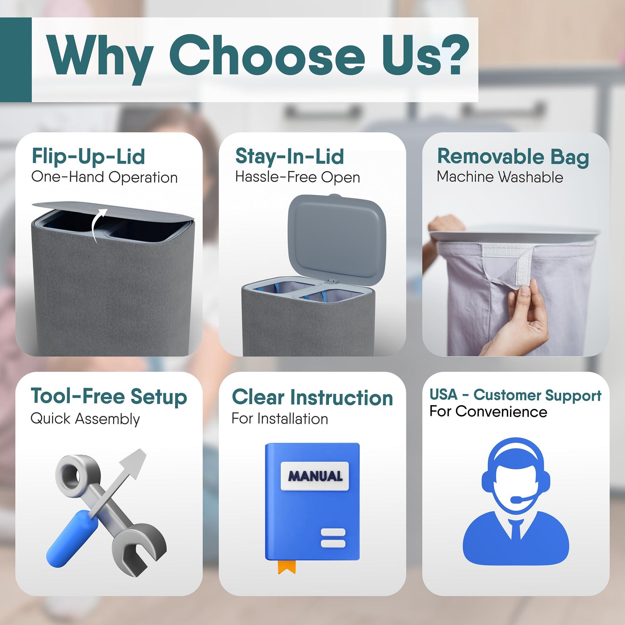 XABITAT XABITAT Dual Section 90l Laundry Basket with Lid Tall divided Double Laundry Hamper with 2 Removable Washable Bags, Large Laundry Sorter for Easy Clothes Separation