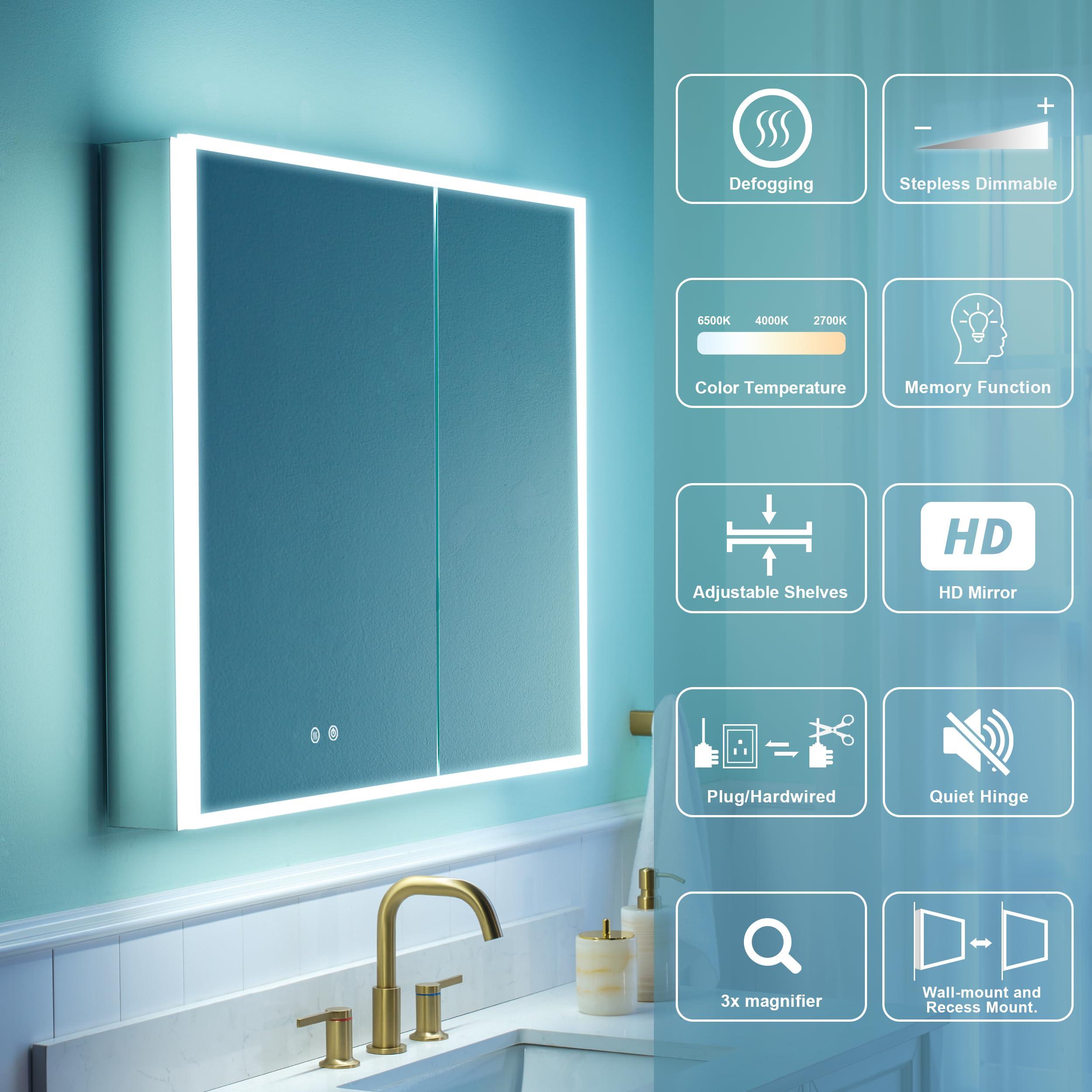 WELLFOR WELLFOR 30\" X 30\" Medicine Cabinet with Lights, 3X Magnification, Anti-Fog Mirrored Cabinet, Bathroom Vanity Medicine Cabinet with Outlets & USB Ports, Double Doors