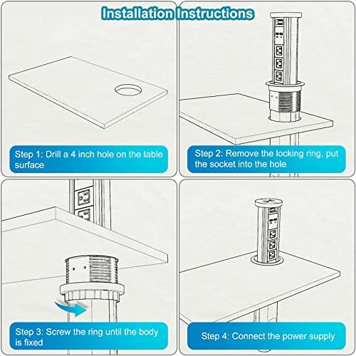 QBA Automatic Pop Up Power Outlet, Popup Wireless Charging Station with 3AC Plugs + 2 USB, Pop up Electrical Outlets for Countertops, Recessed Hidden Outlet for Kitchen Island Conference (Silver Black)