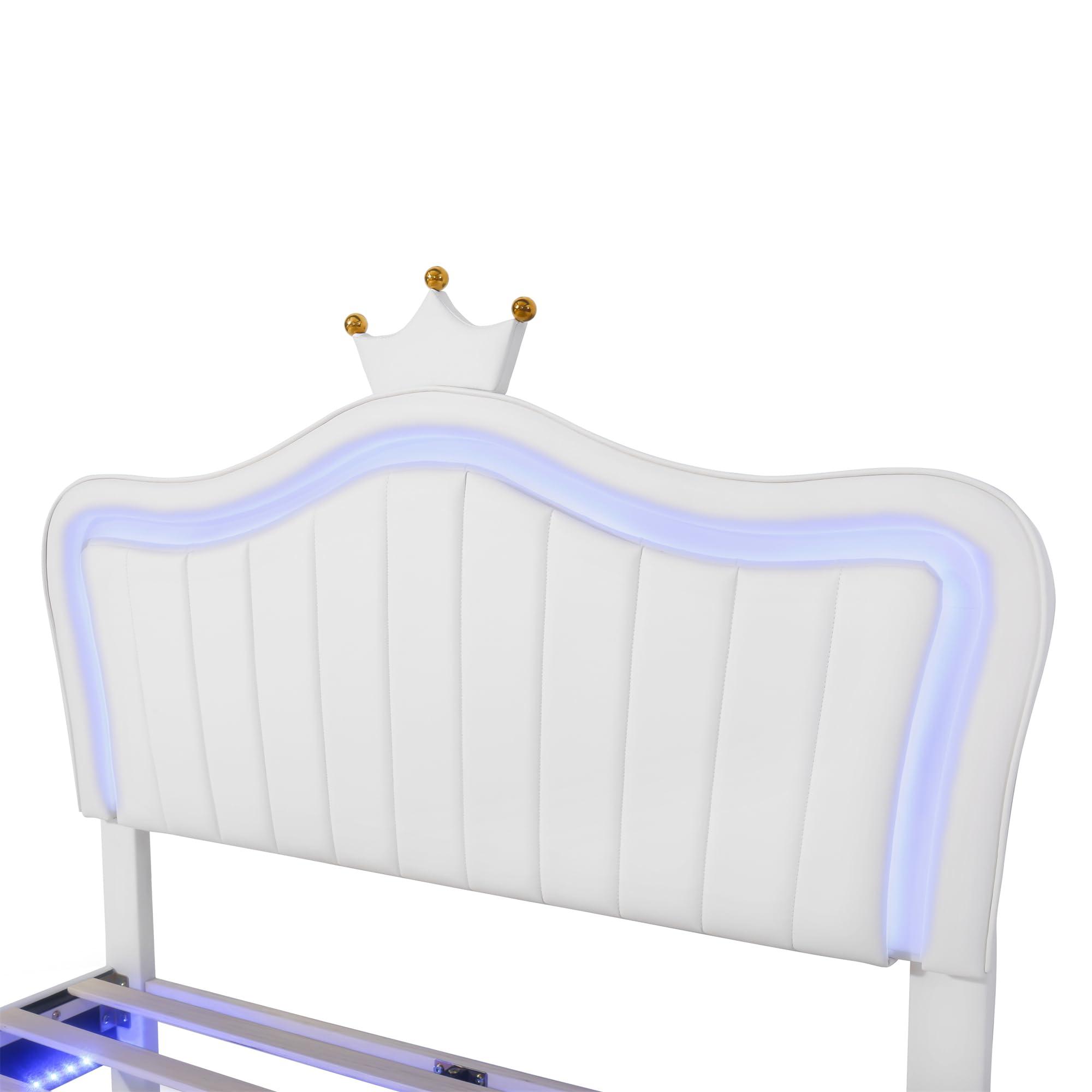 Bellemave Crown Headboard Full Size Princess Bed for Girls,Upholstered Full Bed Frame with LED Lights for Kids,Full Bed for Girls,Adjusted Headboard(Full,White)