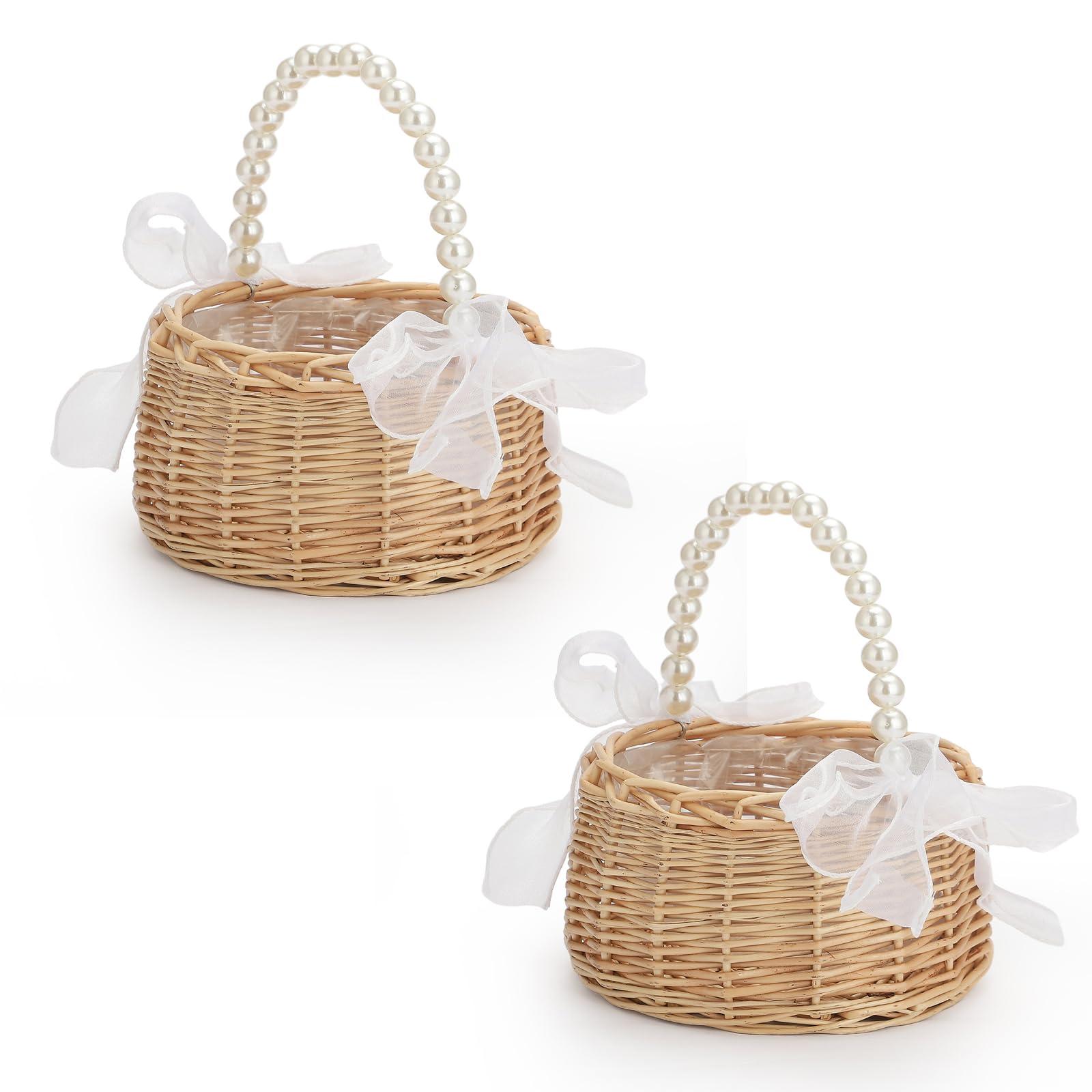 DULRLLY Wicker Rattan Flower Girl Basket Set of 2 Rustic Wedding Flower Girl Basket with Pearl Handle Small Flower Basket for Flower Girl Fairy Wedding Basket Handwoven Easter Baskets for Boys Girls Wedding