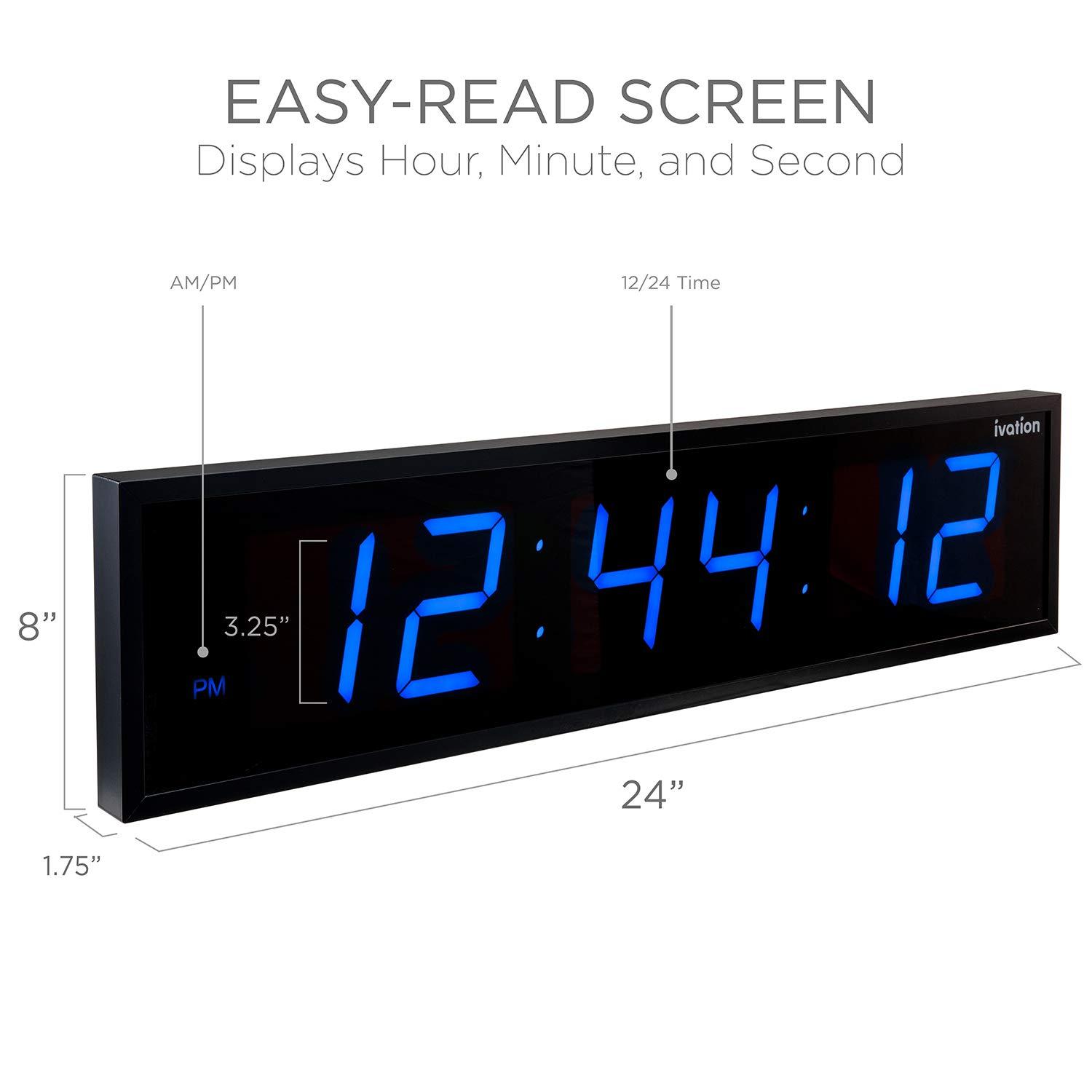 Ivation Ivation Oversized Large Digital Wall Clock - Big LED Digital Clock w/Large Display, Shelf or Wall Mount (24 Inch - Blue) 6 Brightness Levels | Time Memory | Remote, Mounting Holes & Hardware