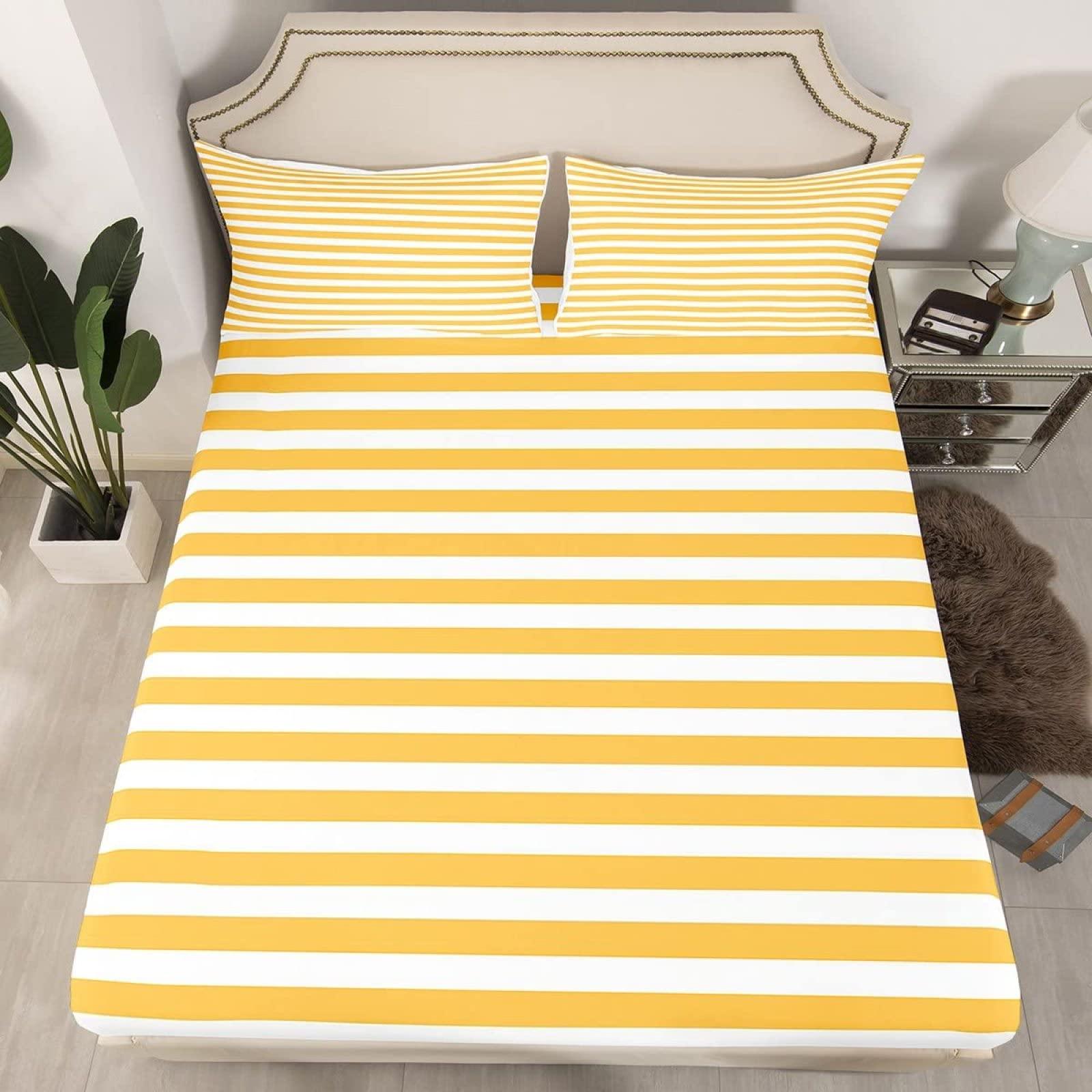 zcsm zcsm Yellow and White Striped Sheets King Size - Stripe Bed Sheets, Soft Microfiber & Deep Pocket & Wrinkle Free Patterned Bedding Sheets & Pillowcases, 1 Fitted Sheet, 1 Flat Sheet, 2 Pillow Cases