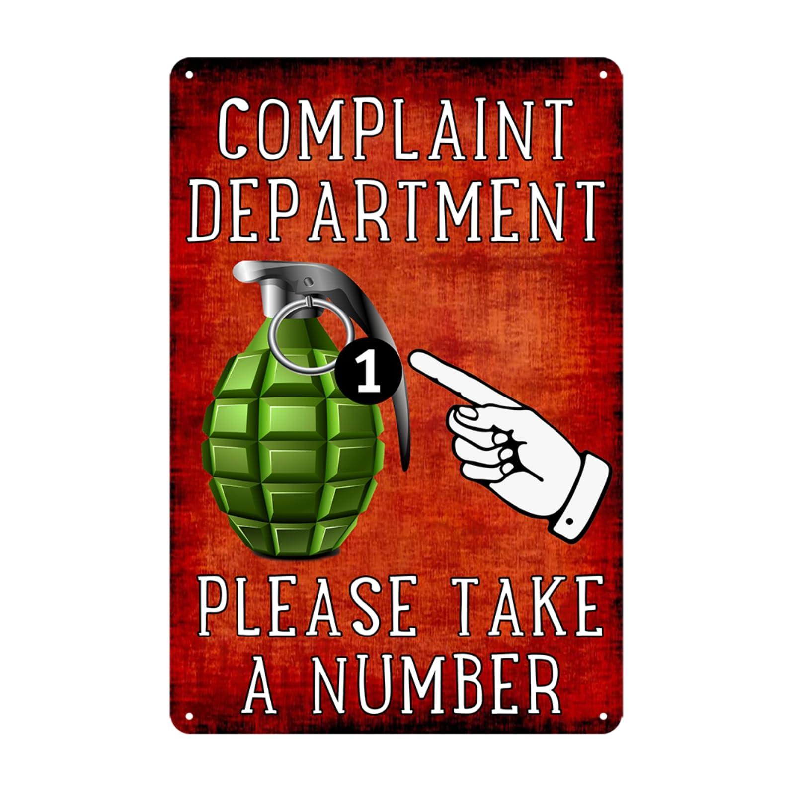 RESKEA Funny Metal Tin Sign Complaint Department Grenade Sign Complaint Department Take A Number Tin Signs Sarcastic Man Cave Bar Wall Decor