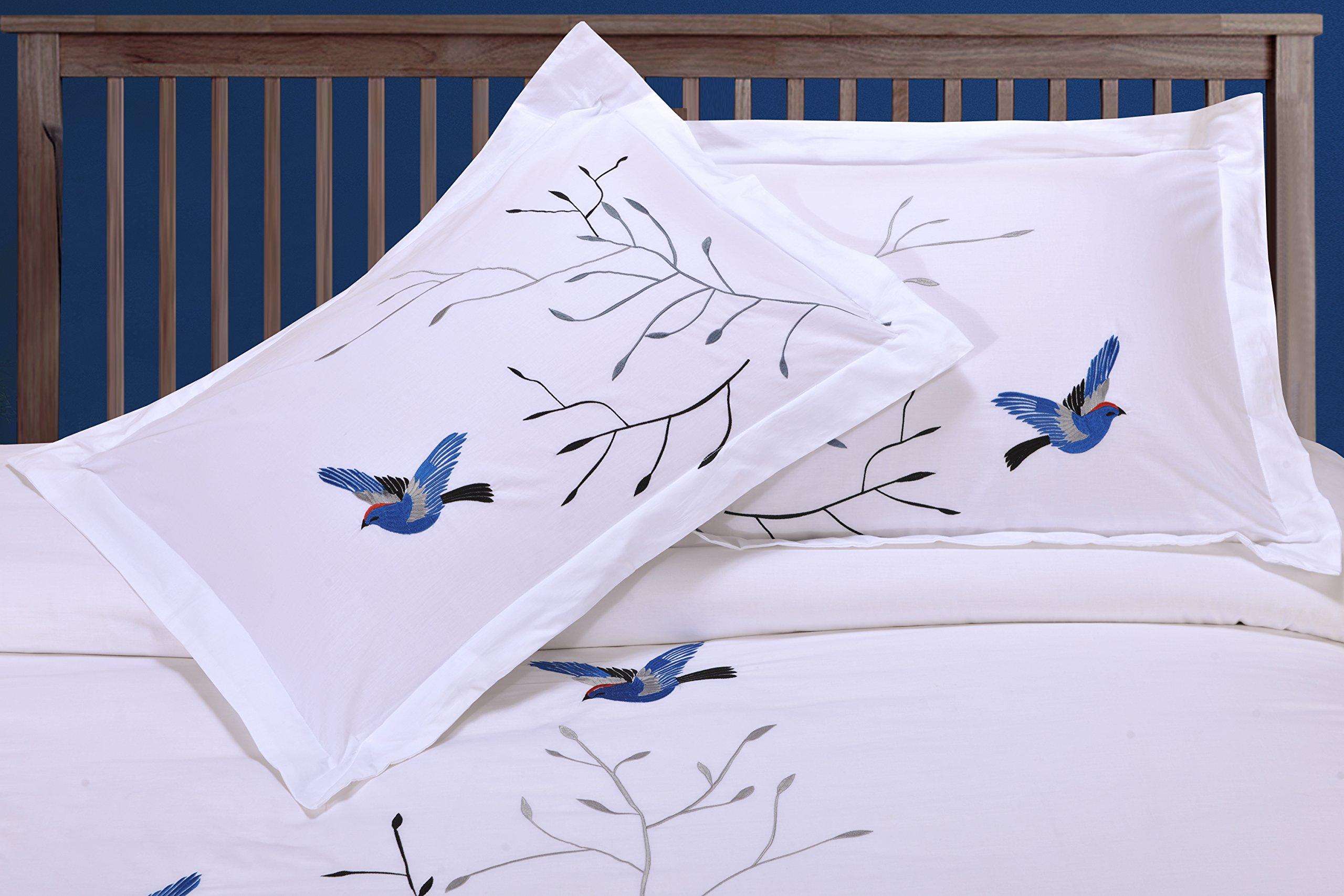 SUPERIOR Superior 100% Cotton Percale Embroidered 3-Piece Duvet Cover Set, Full/Queen, Blue Swallow