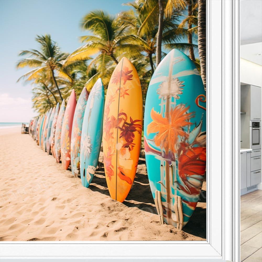 SOPIYRIO SOPIYRIO Beach Surfboards Stained Glass Window Film Tropical Palm Trees Summer View Privacy Window Film Non-Adhesive Glass Film Decorative Static Cling Film for Home Office 31.5Wx47.2L inch
