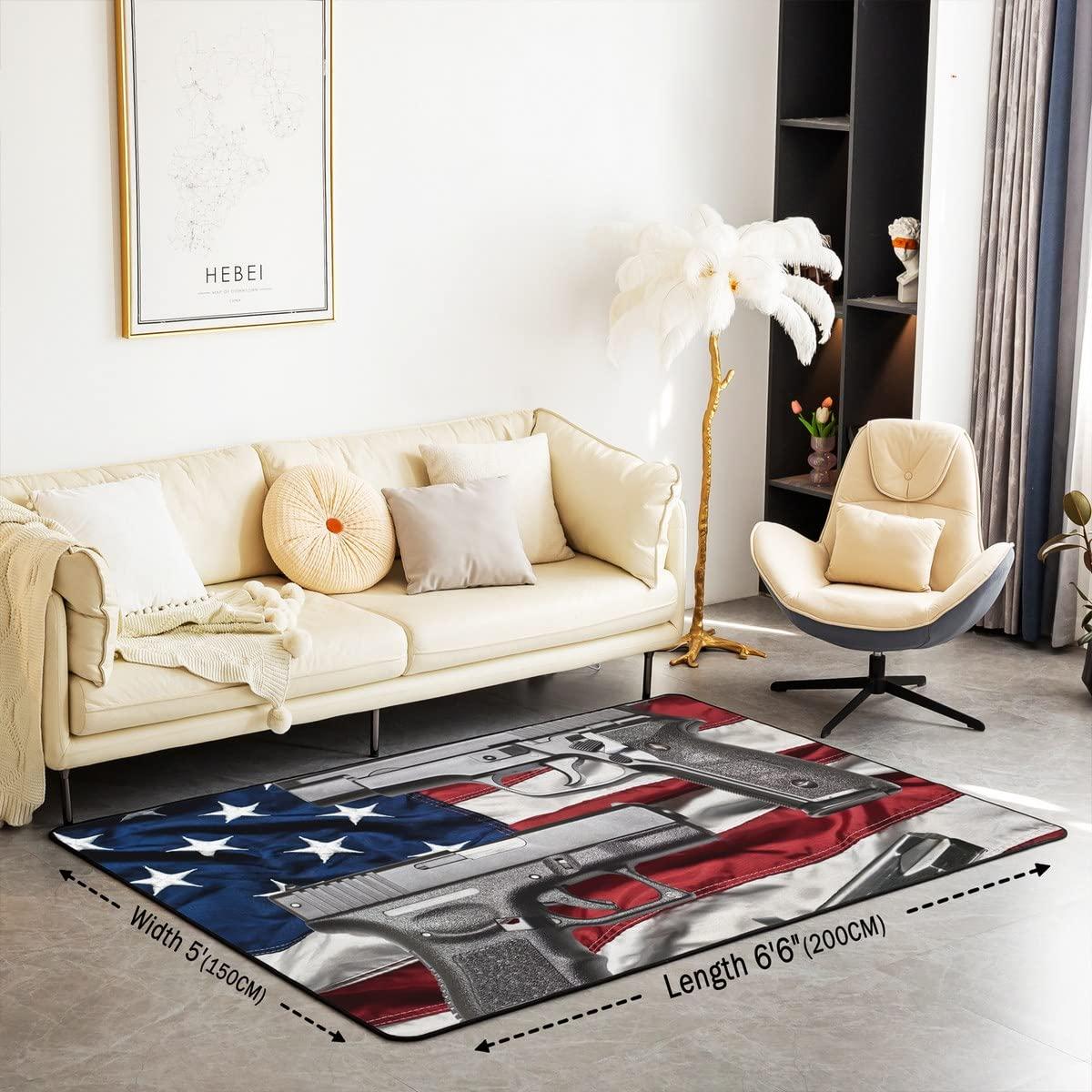 jejeloiu American Flag Area Rug 5'x7' Gun Living Room Rugs for Bedroom Home Decorative Weapon Carpet Ultra Soft Non-Slip Indoor Floor Mat