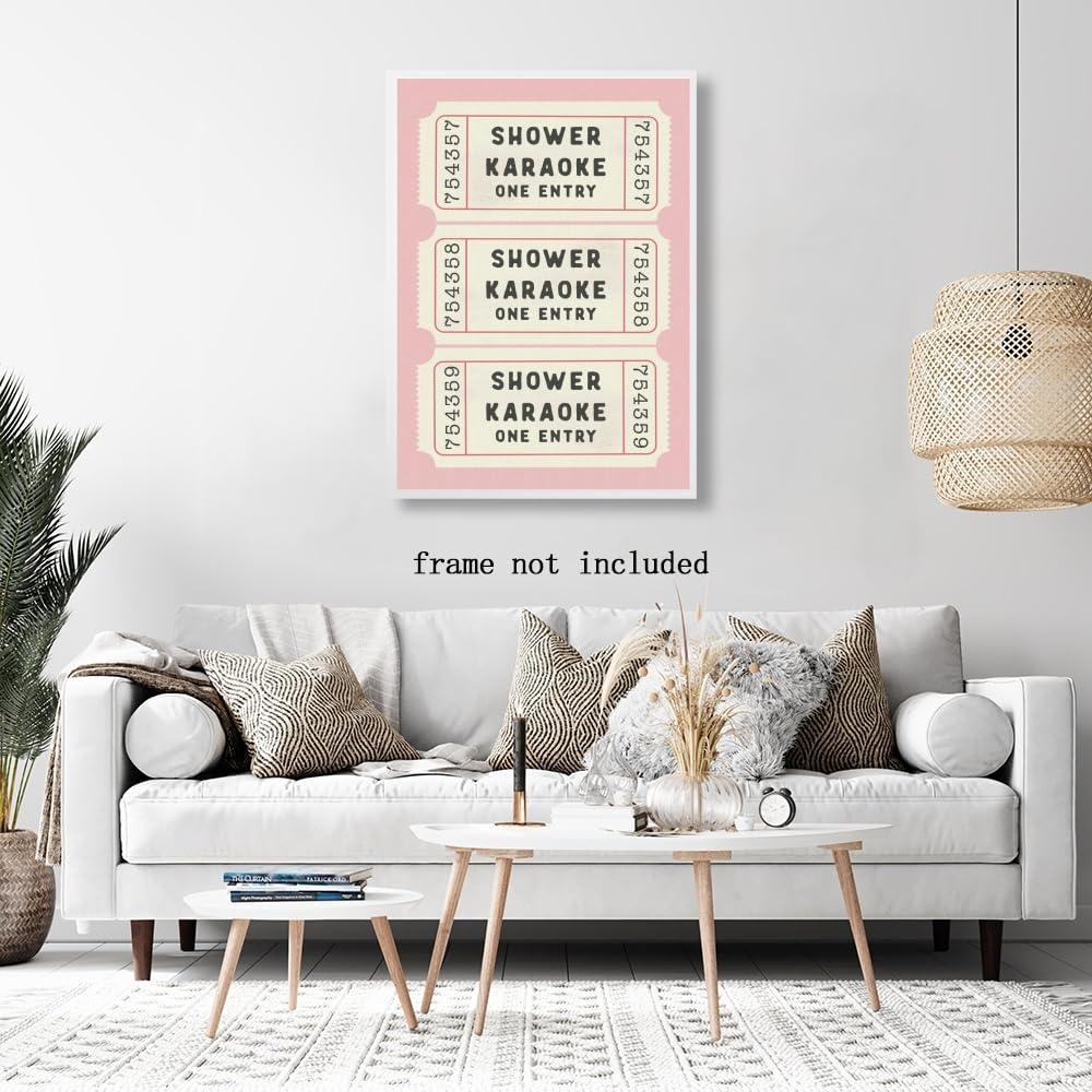 WHQethrial Funny Shower Karaoke Ticket Print Bathroom Canvas Poster for Bathroom Decor, Retro Pink Toilet Wall Art, Cute Bath Decor, Aesthetic Bathroom Art, Guest Bathroom Canvas Wall Art 8x12inch Unframed
