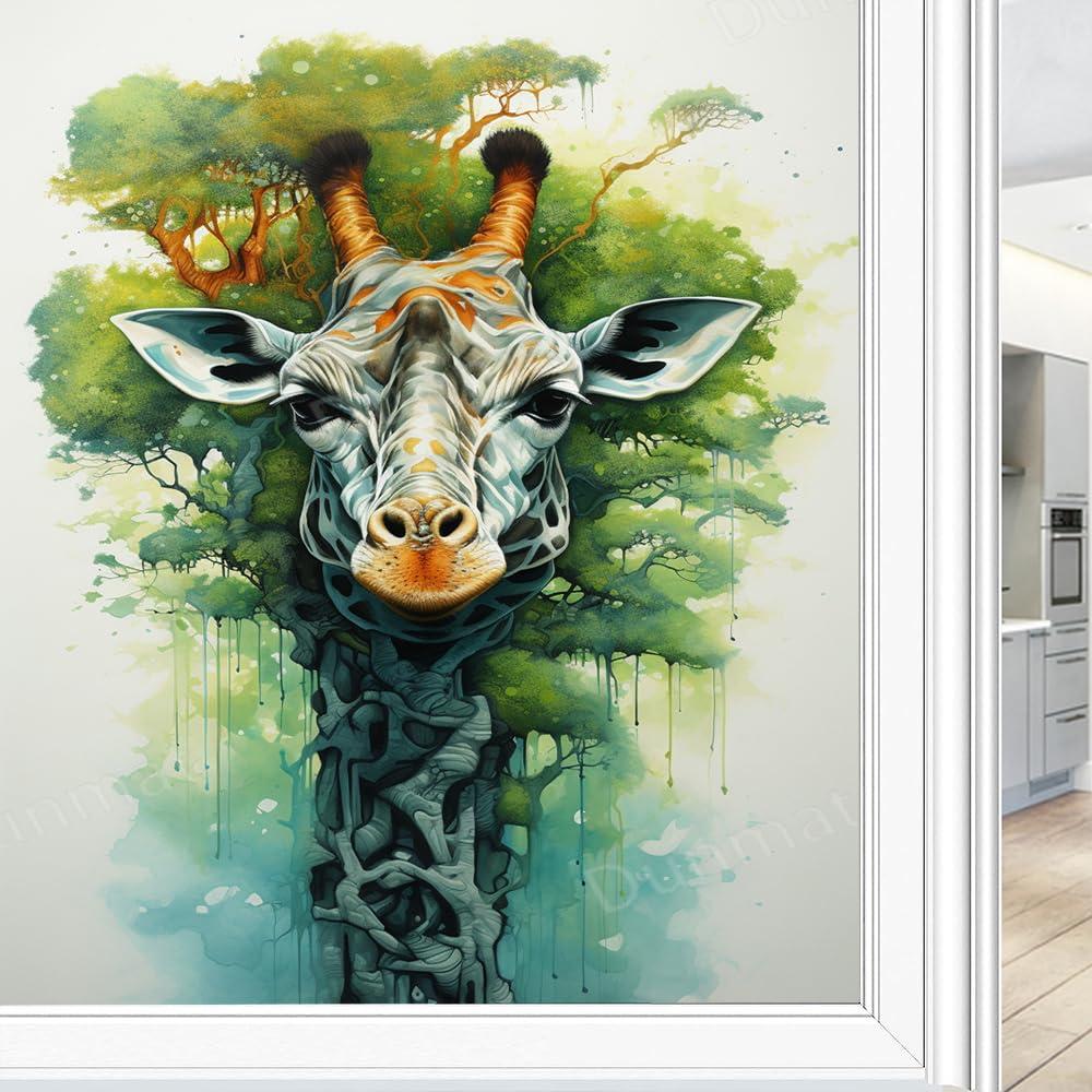 SOPIYRIO SOPIYRIO Abstract Giraffe Stained Glass Window Film Colourful Tree Interesting Animal Privacy Window Film Non-Adhesive Glass Film Decorative Static Cling Film for Home Office 31.5Wx55.1L inch