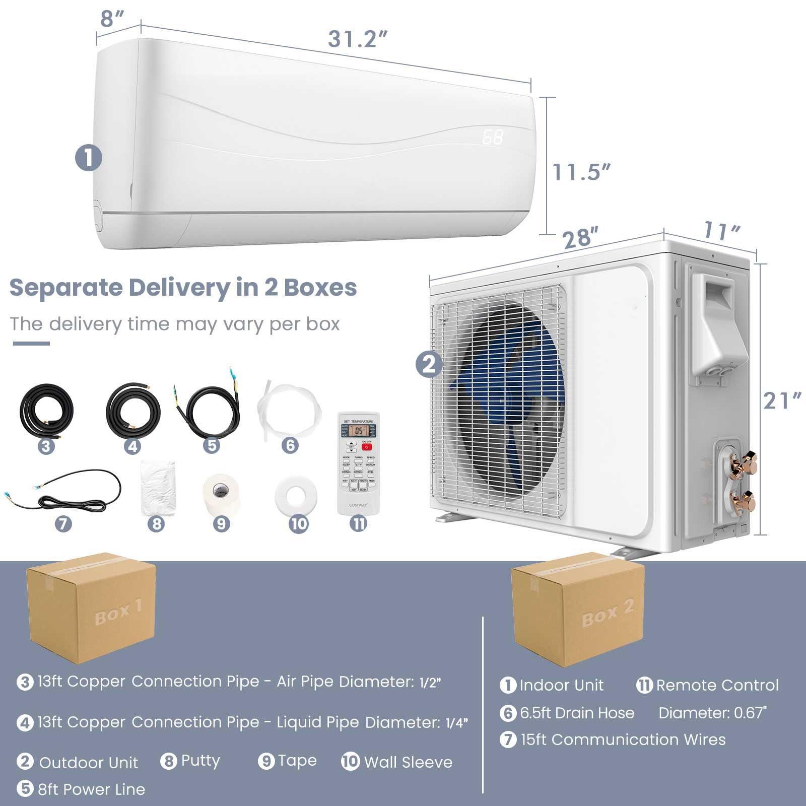 KOTEK KOTEK 9000 BTU Mini Split AC/Heating System, 17 SEER2 Inverter Ductless AC Unit, Cools Up to 450 Sq. Ft, Wall Mounted Air Conditioner with Heat Pump & Installation Kit (9000BTU, 208-230V, 17 SEER2)