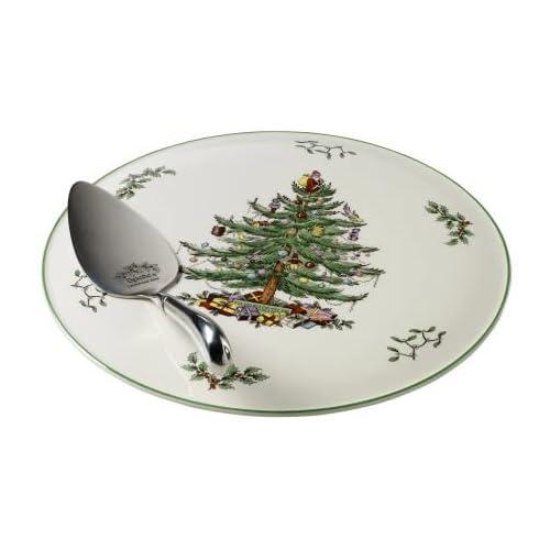 Spode Portmeirion Spode Christmas Tree Cake Plate & Server Set - 11.5 Inch Fine Porcelain Cake Plate with Stainless Steel Server for Holiday Parties - Festive Christmas Tableware, Seasonal Dinnerware