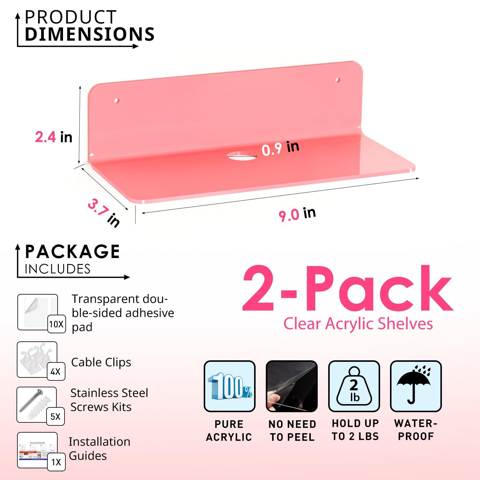 OAPRIRE OAPRIRE Pink Acrylic Floating Shelves Set of 2 - Easily Expand Wall Space - Small Wall Shelf with Strong Adhesive for Bedroom, Kids' Room, Bathroom, etc