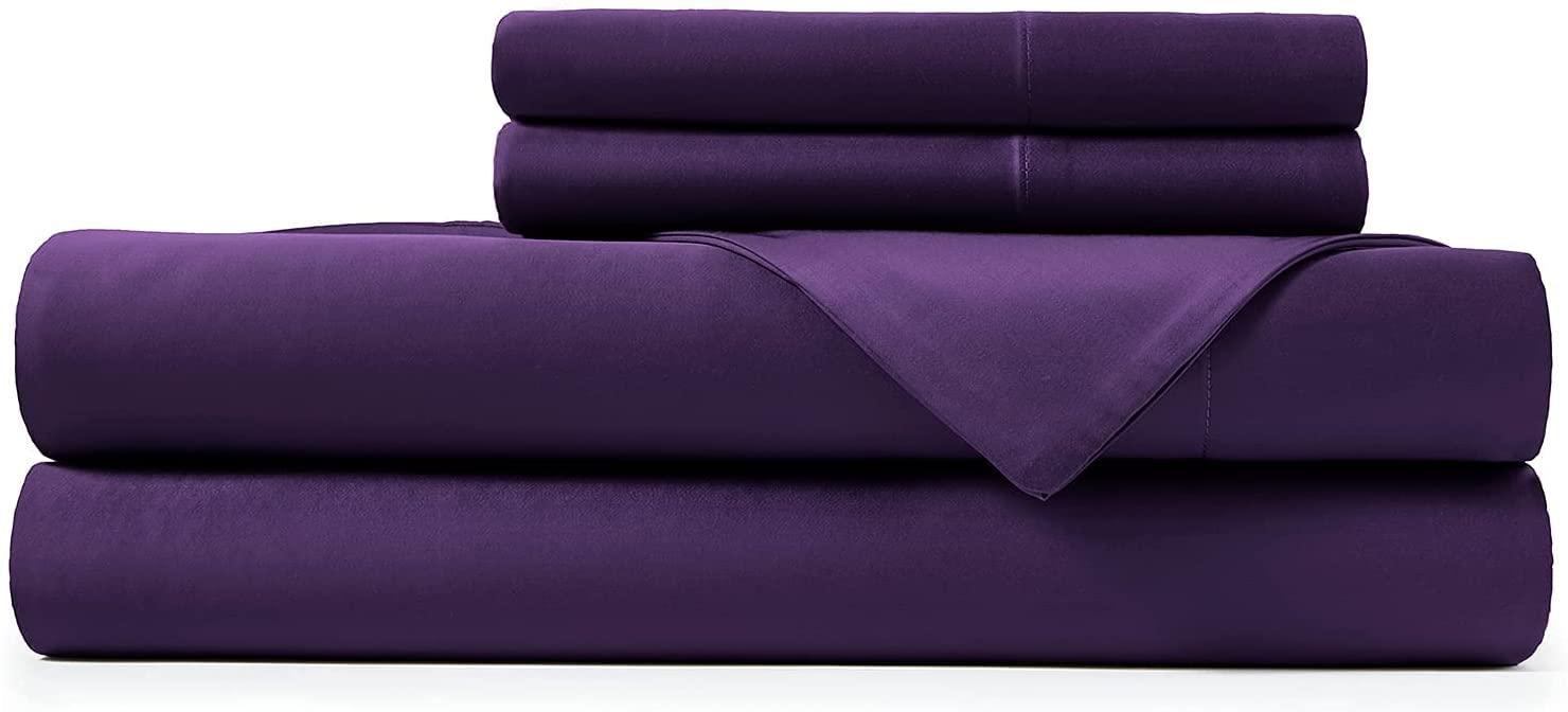 Cotton Hub 600-Thread-Count-100% Pure Cotton 4 Piece Sheet Set- Long Staple Combed Cotton Sheet Set, Soft and Silky Sateen Weave, Fits Mattress Upto 15 Inches Deep Pocket-Purple(Twin XL)