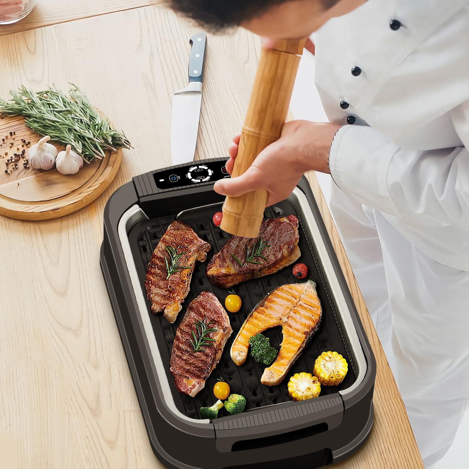 Techwood Indoor Smokeless Grill, Techwood 1500W Electric Indoor Grill with Tempered Glass Lid, Portable Non-stick BBQ Korean Grill, Turbo Smoke Extractor Technology, Drip Tray& Double Removable Plate, Black