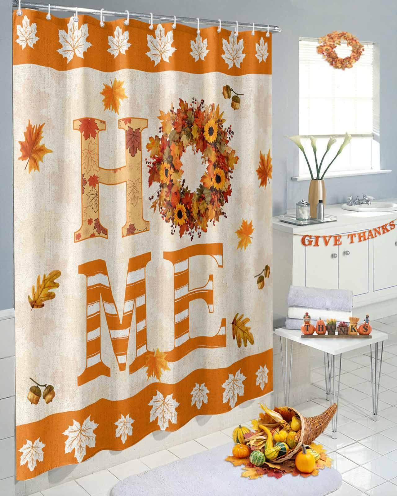 Yukro Fall Home Shower Curtain 36x72 Inch, Thanksgiving Farmhouse Maple Leaves Waterproof Bath Curtain with 12 Hooks, Home Marple Leaves Washable Polyester Wrinkle Free Shower Curtains for Bathroom Decor