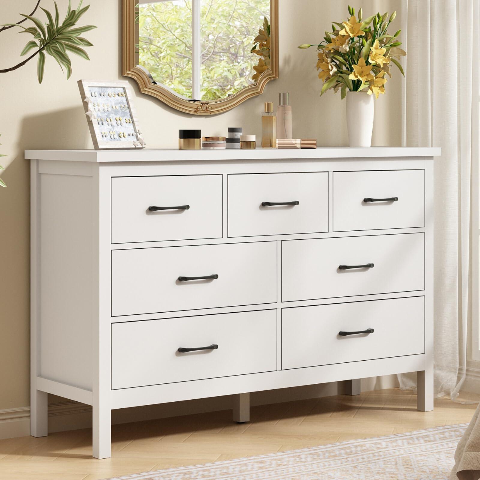 Tradare Tradare White Dresser for Bedroom with 7 Drawer,Wooden Double Dresser with Metal Handles, Wide Chest of Organizer Storage Drawers for Living Room, Hallway, Entryway