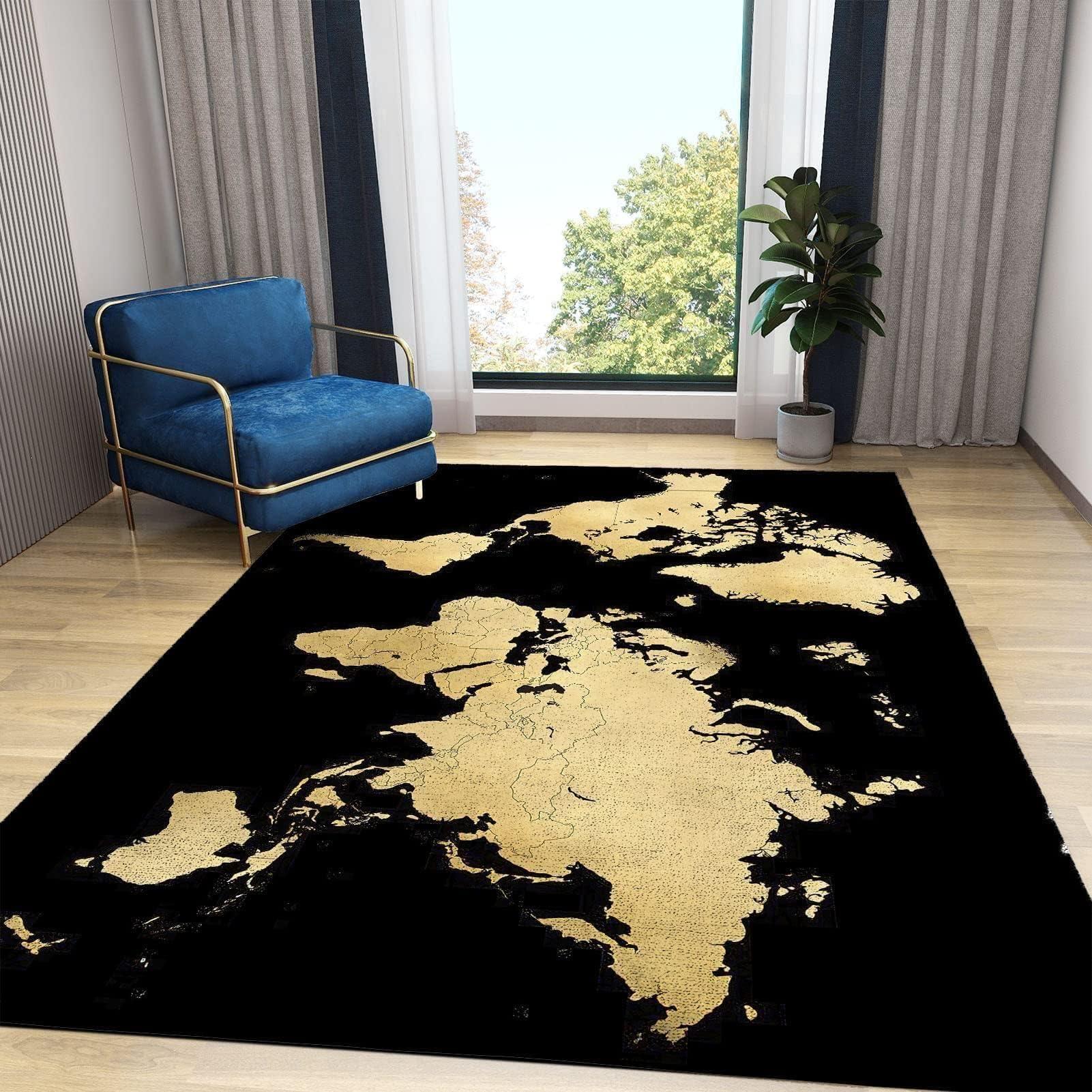 ELLECO Retro Black Gold World Map Area Rugs, Retro World Map Soft Washable Carpet, Upholstery Rug with Non-Slip Backing for Kids Boys Girls Bedroom Living Room Dining Room Study 5ftx8ft