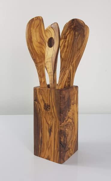 OLIVIKO OLIVIKO 100% Handmade Olive Wood Utensils Kit of 5 Utensils and Holder + Salad serving set + 1 Spatula + 2 Spoon Olive Wood