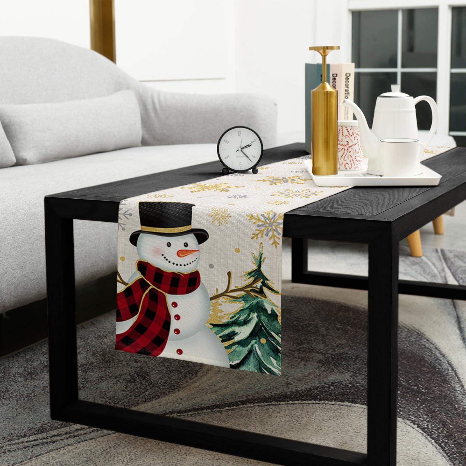 Shine-Home Snowman Table Runner 48 Inches Long Cotton Linen Tablerunner Dresser Scarves, Burlap Kitchen Dinner Cafe Table Runners Table Decor for Coffee/Party/Wedding, Christmas Tree Gold Snowflake Green
