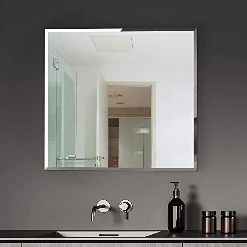 Fab Glass and Mirror Fab Glass and Mirror Wall Mounted 18"x18" Frameless Square Mirror | 1" Beveled Edge Mirror with Hooks for Bathroom Wall, Hallway, Bedroom, Makeup Vanity