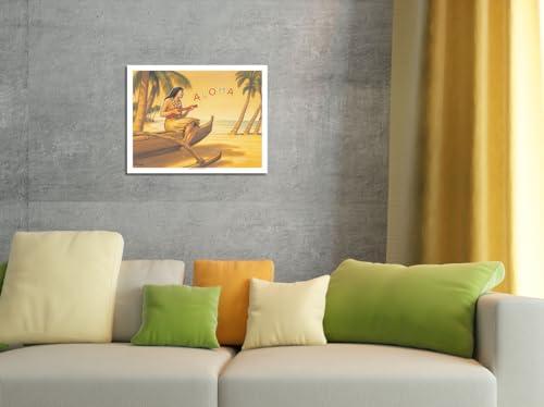 Pacifica Island Art Aloha Serenade - Hawaii Ukulele Hula Girl - Vintage Hawaiian Travel Poster by Kerne Erickson - Bamboo Fine Art 290gsm Paper Print (Unframed) 24x32in