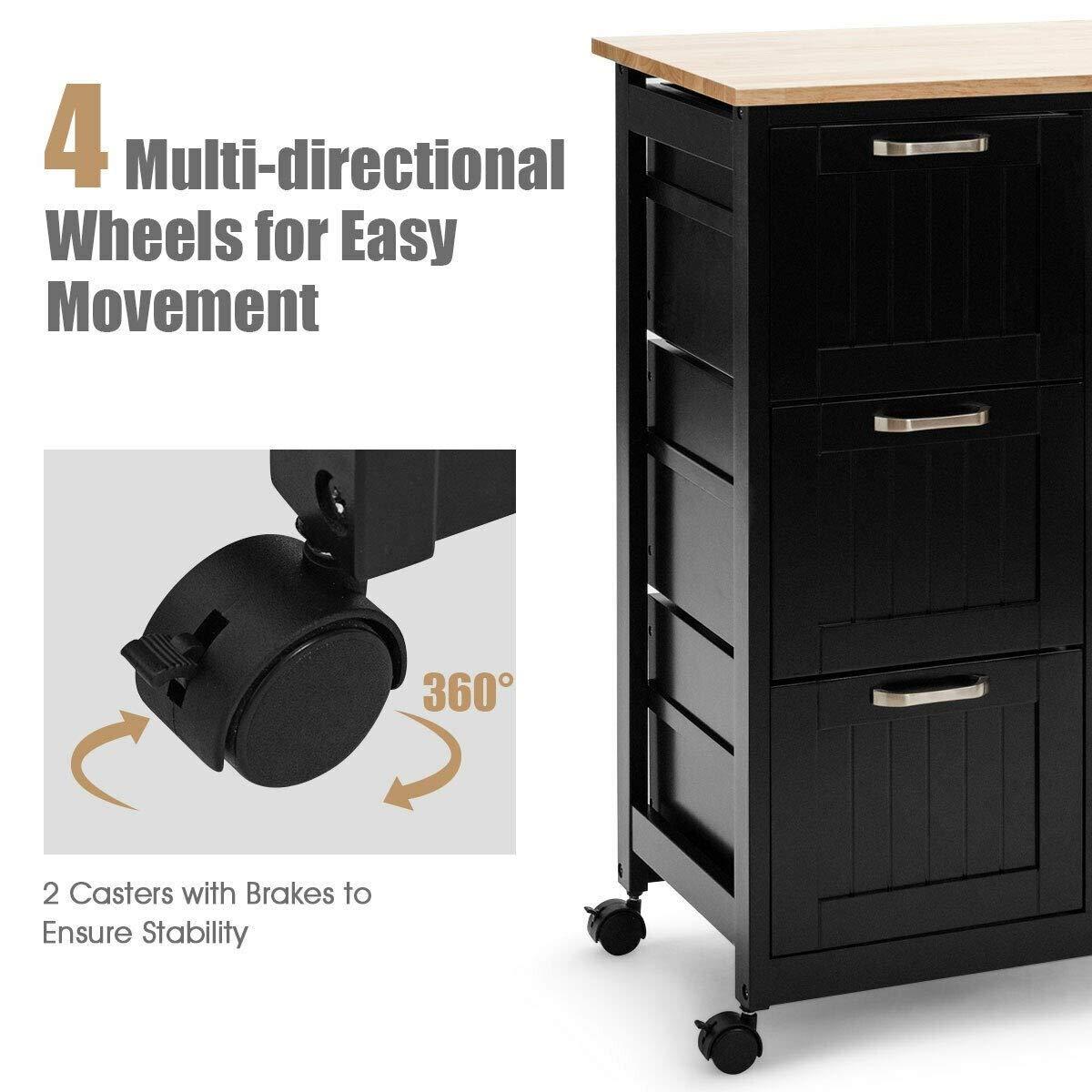 LHONE LHONE Rolling Kitchen Island Cart 3-Tier Industrial Wood Trolley Serving Cart Storage Cabinet Utility Cart on Wheels & Three Storage Drawers (Black)