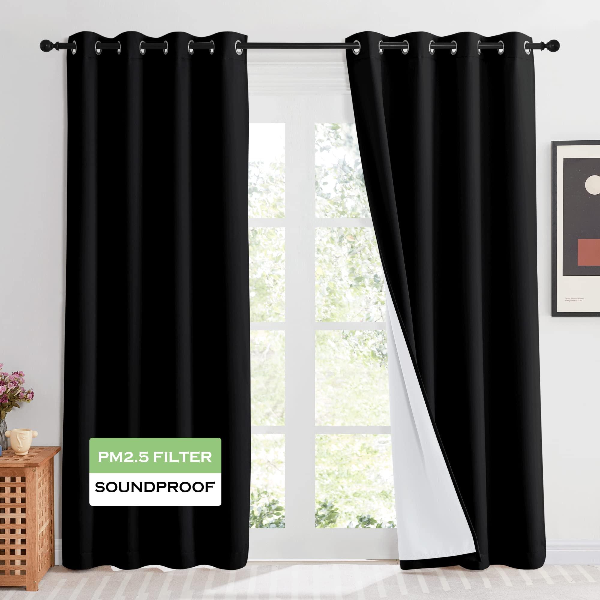 KGORGE KGORGE 4-in-1 Soundproof Anti Dust 100% Blackout Curtains with Melt-Blown Layer Noise Reducing Thermal Insulating Window Drapes for Bedroom Nursery, W 52 x L 84, Black, 2 Panels