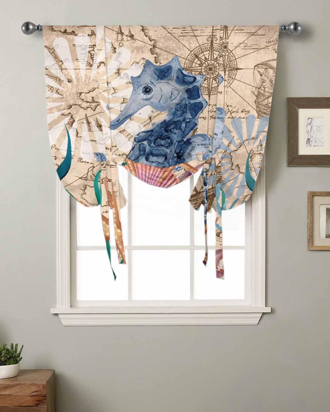 Chic D Tie Up Balloon Valance Curtain for Kitchen, Seahorse Starfish Seaweed Roman Shade for Windows Thermal Insulated Rod Pocket Short Curtain Panel for Camper RV Basement Small Window 52x63in