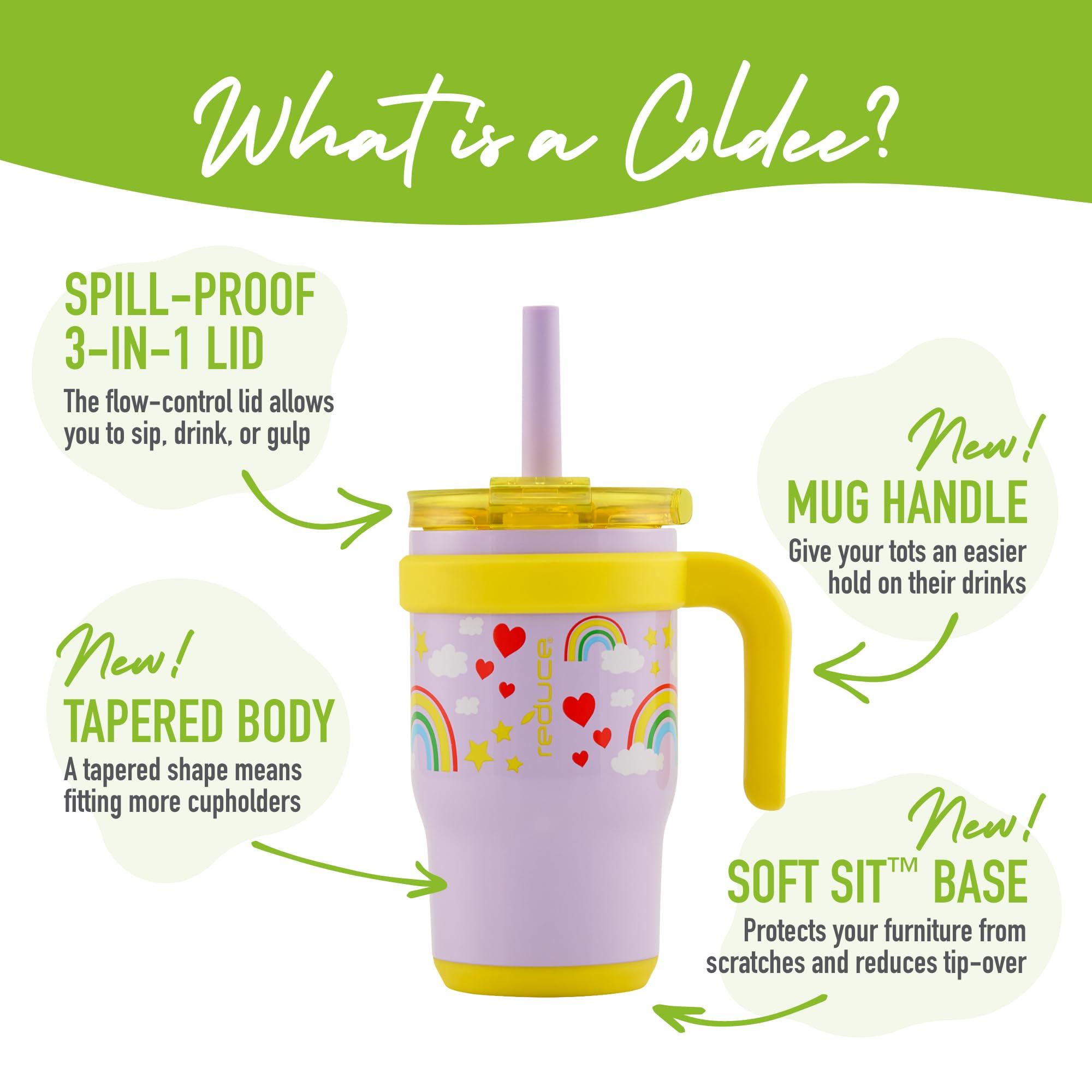 REDUCE REDUCE 14 Oz Coldee Kids Tumbler with Lid and Straw - Coldee Insulated Travel Mug - Spill-Proof, Sweatproof Stainless Steel, BPA-Free - Includes Handle, Reusable Silicone Straw - Rainbow Sky