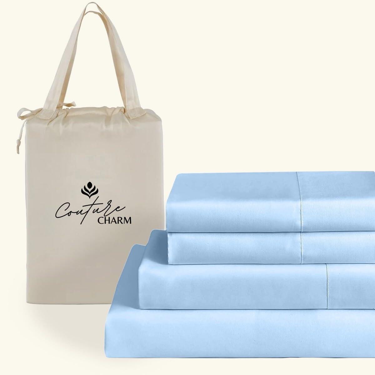 Couture Charm Queen Size 1000 Thread Count 100% Egyptian Cotton Sheet Set, 4-Piece, Sateen Weave, with 14-16\" Deep Pocket Snug Fit (Solid, Light Blue)