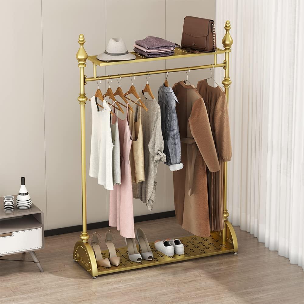 MAIKAILUN Clothing Rack Gold, Industrial Clothes Rack for hanging Clothes with Double Shelves Freestanding Multi-functional Heavy Duty Garment Rack, Metal Movable Portable Coat Rack for Organizing Clothes Shoes